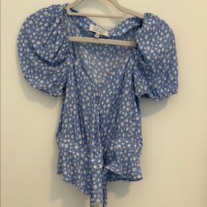 & Other Stories Blue and White Ruffled Puff Sleeve Top